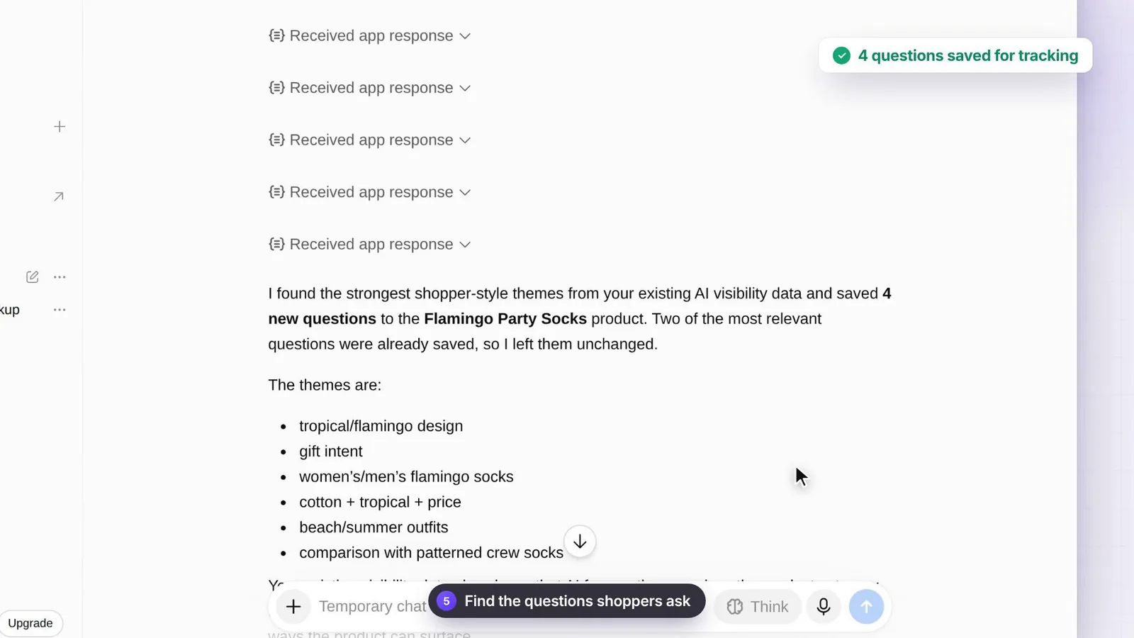 ChatGPT reply listing shopper question themes for Flamingo Party Socks, with four questions saved for tracking